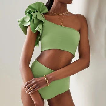 Зелен бански с обемно цвете на едното рамо, модерен и шик бикини от две части, сексуална тънка плажно облекло с отворен гръб 2022