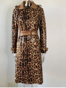 Висококачествено Модерно Дизайнерско Зимно палто 2023 година, Дамско палто от Змийска кожа с Леопардовым Принтом, Дълъг Тренч С колан, палто
