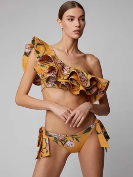Жълт принт, яка в едно рамо, плиссированный асиметричен каишка на гърба, секси комплект от бикини, наметало за трико, 2023, жените най-новият модел