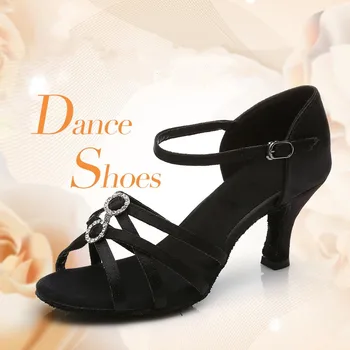 Ново записване, дамски сатенени обувки за латино танци с катарама от страз, дамски сандали за балната зала танго на мека замшевой подметка, ток 7 cm