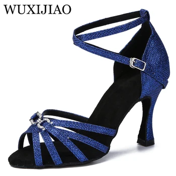 WUXIJIAO/ Нови сини обувки за латино танци, женски обувки за танци подметка, вечерни представления на закрито, обувки за танци балната зала