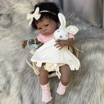 20-инчов готова афроамериканская кукла Lanny Black Skin Reborn Новородено Бебе с вкоренените коса Играчка ръчна изработка на подарък за момичета
