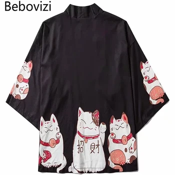 Bebovizi Облекло и интериор в японски стил, мъже лятна градинска дрехи, жилетка-кимоно с принтом котка, халат за баня-мандарина, мъжки унисекс, японски тенденция на кимоно