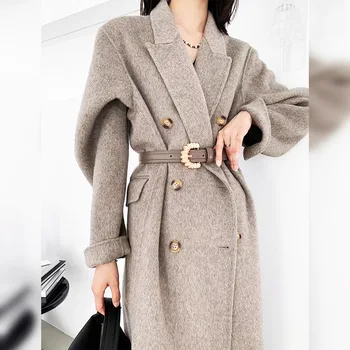 2023, ново утолщенное винтажное двубортное двустранно вълна палто, дълго вълнена твидовое палта за жени без колан