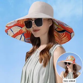 Дамски солнцезащитная шапка с голяма периферия, двустранен луксозен памучен панама с растително принтом, дишащи летни плажни шапки за жени