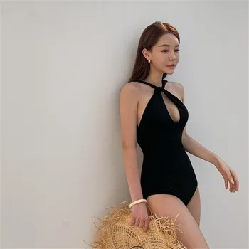 2020 Нов черен цял бански, женски корейски секси бански костюм с отворен гръб, бански костюми на горещи извори, женски бикини
