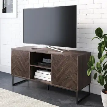LISM Дилън медии конзола шкаф, Поставка за телевизор със скрито хранилище на модел на коледно дърво Дърво, Метал, сиво/черно