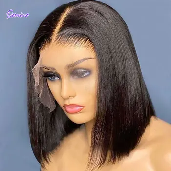 перуки от човешка коса 13x6 с кратко каре, бразилски пряка човешка коса на дантели 13x4, за черни жени, прозрачен перука със затварянето на дантела Реми