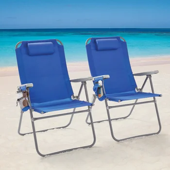 Foldout 4-Цифрен плажен стол Oversize с 2 опори, Син плажен стол, уличен стол, стол походный
