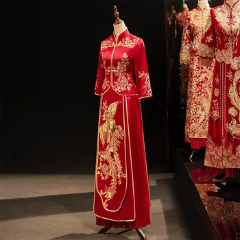 Изискан Цвете Финикс Бродерия Рокли Китайски Елегантен Булката, за да се Омъжи Облечи Двойката Сватбен Костюм китайски дрехи