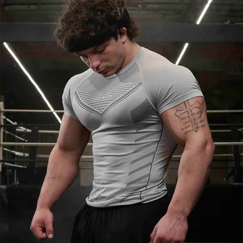 Компресиране бързосъхнеща обтягивающая Мъжка тениска за бягане, риза с къс ръкав, тениски за фитнес, фитнес, бодибилдинг, потници, облекло за тренировки