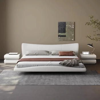 Минималистичная подвесная легло кожено легло италианска лека луксозна вълна легло благородна атмосферни двойно легло-спалня в меки обертке водна вълна легло