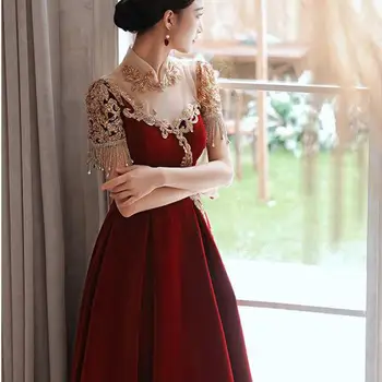 Китайското бархатное булчинската рокля на булката с висока яка, дантелено вечерна рокля с пискюли, елегантна празнична рокля трапецовидна форма Рокли