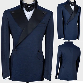 Мъжки ежедневни тъмно синьо оборудвана официален двубортный костюм, сако, палто, яке, блузи, мъжки сватбени смокинги и костюми, блейзър Masculino