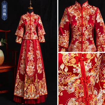 2022, класически атлас, червено-златна бродерия, Чонсам, ново сватбена китайското рокля Сюхэ, рокля на булката с дракон и фениксом, рокли за тостер