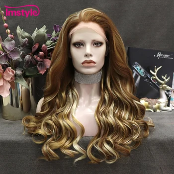Imstyle Кафява перука, светла перука, завързана, синтетичен завързана предни перука, дълги естествени къдрави перуки за жени, ежедневни топлоустойчиви