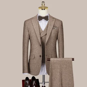 Пълни мъжки костюми, модерен нов мъжки блейзър с ревера, луксозен мъжки сако с две копчета, монофонични оборудвана костюм, сватбен бизнес на случаен комплект