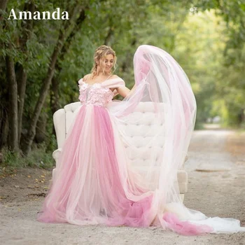 Нежно розова рокля Аманда за бала 2023, Сладка рокля трапецовидна форма с открити рамене, с бродерия под формата на 3D цветове, с принцеса, Vestidos De Noche