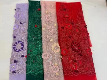 Африканска лейси плат с пайети ръчно изработени, висококачествени бродерии, нигерийски дантелен плат с 3D цветен тюлем за жени, френското сетчатое дантела