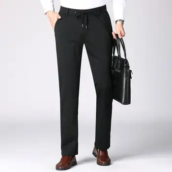 Пролетно-есенни мъжки панталони за бизнес костюм с висока талия и завязками, дълги панталони с прав штанинами, корейски модни разтеглив ежедневни панталони