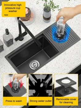 Скрита черна кухненска мивка Nano 304 с една чаша, малък размер, балкон от неръждаема стомана, скрита с черен капак