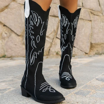 Женски обувки в западен стил 2023, нови есенно-зимни модни каубойски ботуши на масивна ток в ретро стил, каубойски ботуши в стил кънтри-Уестърн