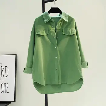 Ежедневни вельветовая риза в стил ретро, дамски пролетно-летни, цвят авокадо, зелена, със средна дължина, нова риза с два джоба, яке, жилетка, върхове