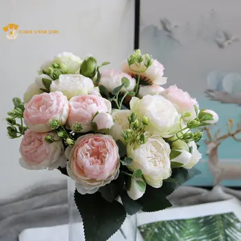 Изкуствени цветя, рози, букет от розови копринени божури, декорация за дома в скандинавски стил, изкуствени цветя за сватбената парти, декорация на маса и стая