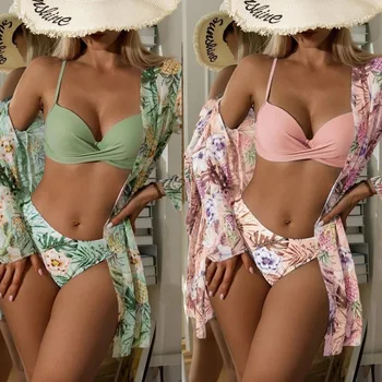 2023 Плажни бански костюми с цветен модел, комплект бикини с ниска талия, бански-наметало за жени, повдигащ, бански костюми-тройки с дълъг ръкав, повдигащ