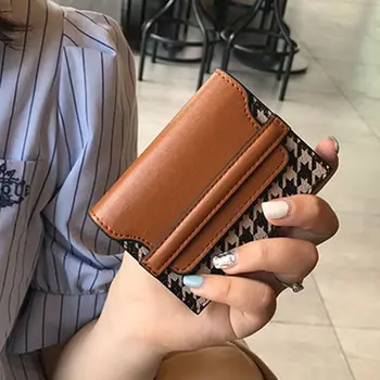 Дамски чанта за карти в клетка от изкуствена кожа, модерен кратък портфейл, джоб за карти, клатч, портфейл за монети, женски портфейл