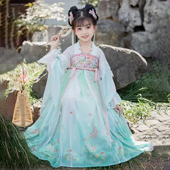 Винтажное рокля с бродерия в формата на синя пеперуда за момичета, детски костюм за китайски народни танци Ханфу, древен облекло, облекло за cosplay