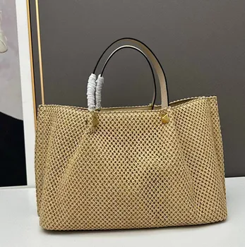 Дамски плетени чанти-тоут от лафитной слама високо качество, модерен дизайн, голяма чанта за пазаруване, холщовая кожена чанта през рамо, чанта през рамо