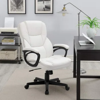 Офис стол за мениджъри от изкуствена кожа Lacoo с висока облегалка и лумбална опора, бяло офис стол с ергономичен