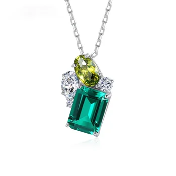 Megin D S925 Квадратен изумруд от сребро, луксозен зелен кристал, жълт циркон, ретро висулка, веригата-яки, колие за жени