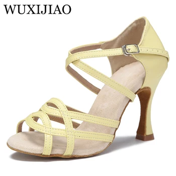 Женски обувки за латино танци WUXIJIAO от изкуствена кожа виолетово-жълт цвят с висок ток 9 см за салса, бални обувки за латино танци