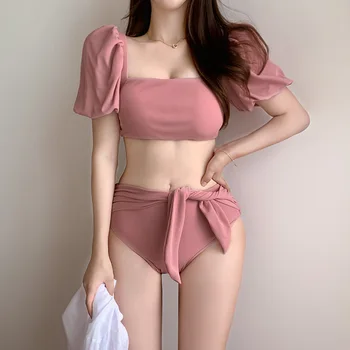 Бански 2022, женски комплект от две части, триъгълни бикини с висока талия, корейски женски обикновен бански, бански костюми за горещите извори