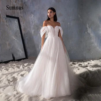 Плажна сватбена рокля на принцеса трапецовидна форма с аппликацией с открити рамене, тюлевые елегантни рокли за булката, Vestidos de Новия