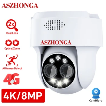 ASZHONGA 4G 8-мегапикселова камера с двойна леща, PTZ камера, двупосочна аудио, WiFi, система за видео наблюдение, следене на комуникация, домашна камера за улици
