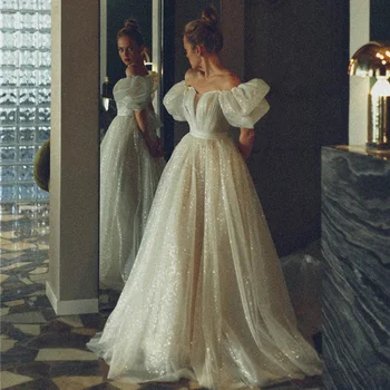 Лъскави сватбени рокли принцеса с гъсти къси ръкави, винтажное рокля на булката 2023, булчински рокли в стил бохо, Robe de Mariee