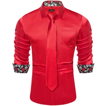 Мъжки ризи от еластичен сатен с цветен модел на червената роза, контрастиращи на мъжки ризи с дълъг ръкав, дизайн на мъжко облекло