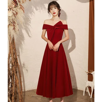 Секси сватбена рокля цвят на червено вино, с едно рамо, рокля за годеж, дрехи за сватбени тостове, реколта модерни елегантни вечерни рокли, сатен, Чонсам