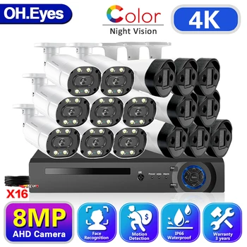 О.eyes 4K 16-Канален Видеорекордер Комплект Система за видеонаблюдение 8MP 8/16 бр. Цветни Нощен AHD Помещение Комплект система за видеонаблюдение