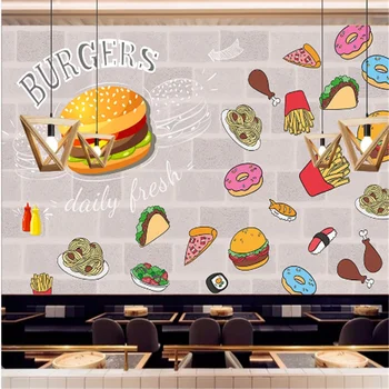 Обичай понички Бургери Западен ресторант за бързо хранене Фон рисувани Стенни тапети 3D Снек-бар тапети за хамбургери 3D