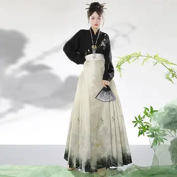 Традиционната китайска пола с бродерия ханфу, плиссированная пола, пола с лошадиным лице, ежедневни риза, комплект за ежедневно пътуване до работа, дамски дрехи