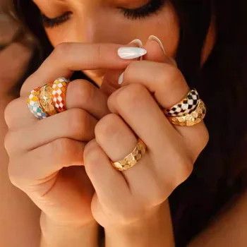 Модни многоцветни халки с маслена решетките за жени, прости дамски пръстен с покритие от 18-каратово злато, вечерни бижута и аксесоари