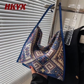 Дамски тканая чанта в народен стил, холщовая чанта, жаккардовая чанта, цветна чанта в стил мозайка, чанта-тоут голям капацитет