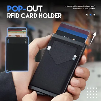 2023 Тънка алуминиева чанта с еластична облегалка, ID титуляр за кредитни карти, RFID чантата си, автоматично поп калъф за банкови карти, кратък портфейл