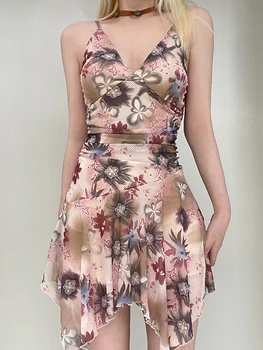 Женствена рокля-комбинация, секси сарафан на спагети презрамки с V-образно деколте и с отворен гръб, рокли трапецовидна форма с флорални принтом, нередовна нови летни мини рокли