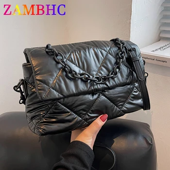 Модерен зимни дамски космическа чанта от висококачествена перо от плат, торби през рамо, за жени 2022, мека дамска чанта с подплата, брендовый чанта