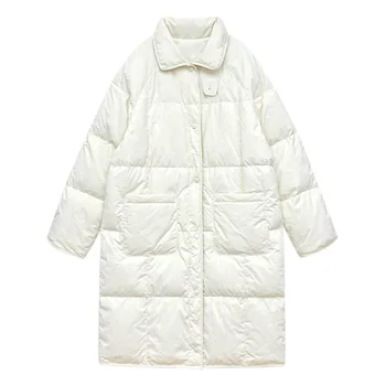 обикновена свободни ежедневни дамски якета на бял утином топола с яка-часова, есен-зима 2022